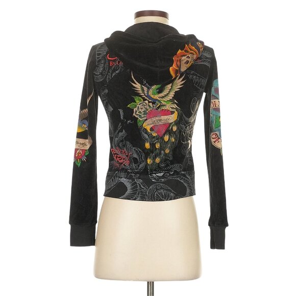 Vtg Y2K Ed Hardy Black Velour Zip Up Skull Tattoo Hoodie McBling Jacket Womens S - Picture 7 of 11